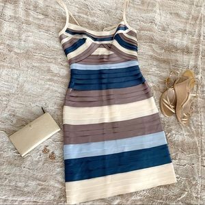 BCBG bandage cocktail dress, neutral/navy/blue